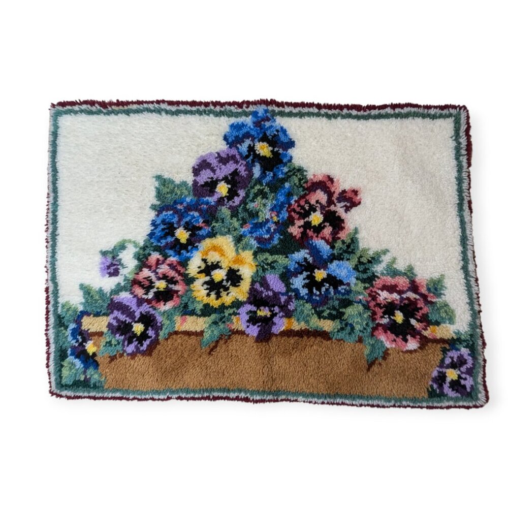 Handmade Colorful Pansy Soft Large Latch Hook Rug 42" x 29"